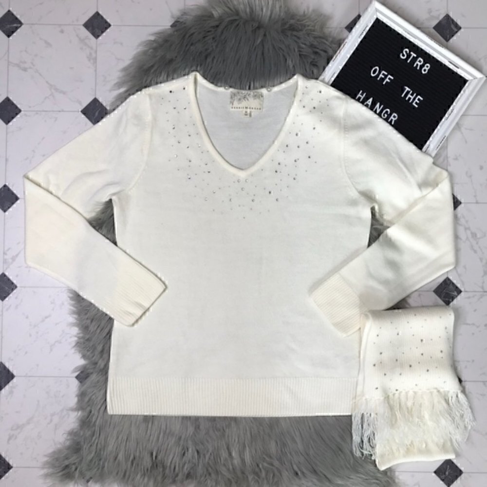 Debbie Morgan rhinestone v-neck sweater w/ scarf M